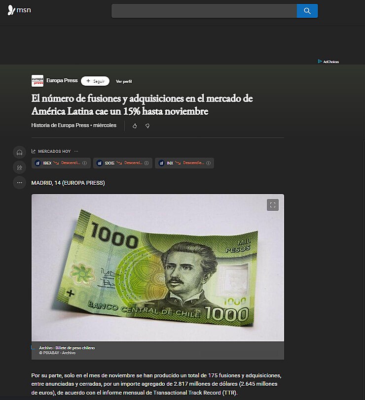 El nmero de fusiones y adquisiciones en el mercado de Amrica Latina cae un 15% hasta noviembre